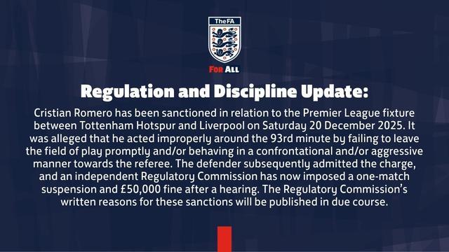 官方：热刺后卫罗梅罗遭追加停赛1场+罚款5万镑，无缘足总杯对维拉